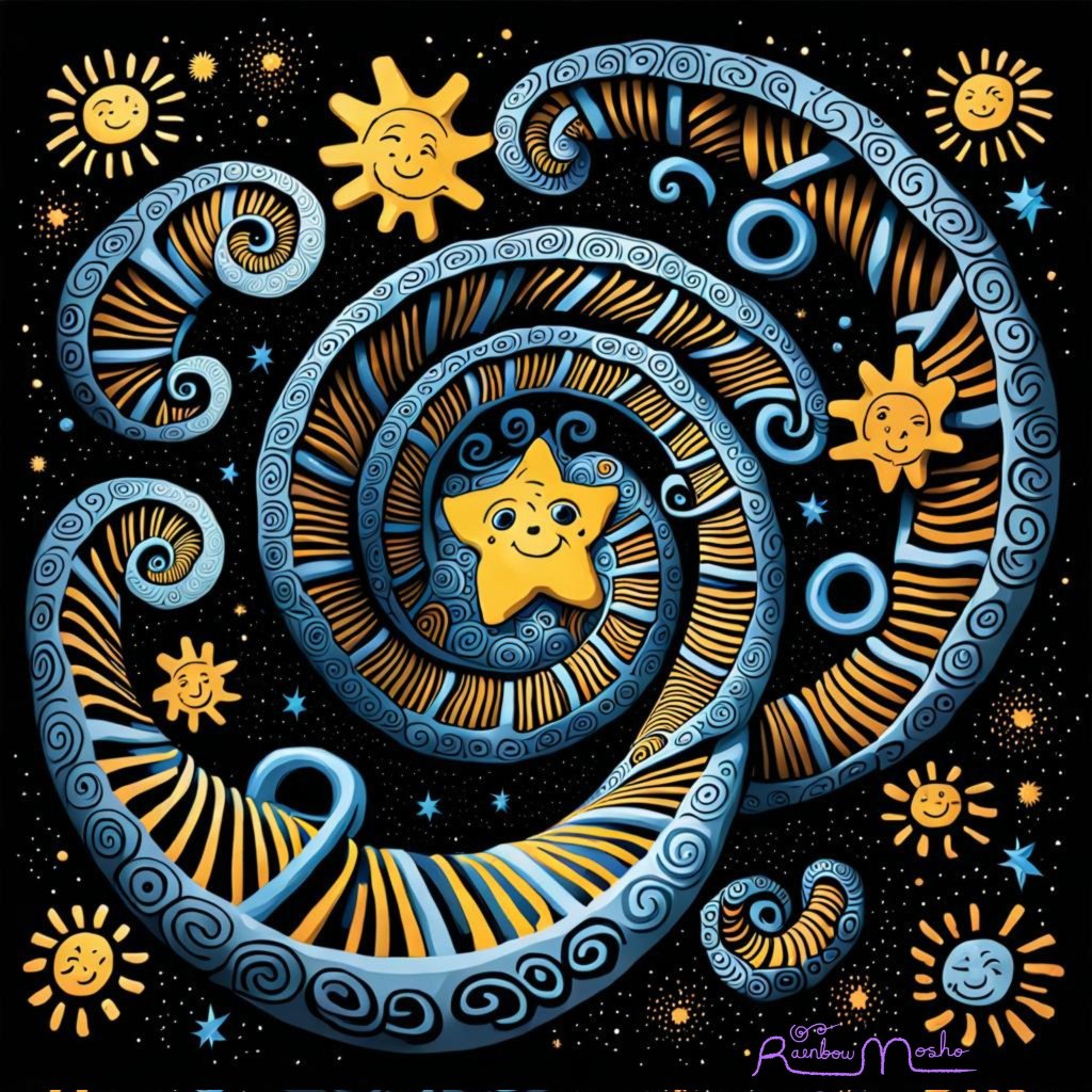 A cosmic illustration in the style of Van Gogh's The Starry Night, rendered in deep black, swirling cornflower blues, and golden yellow. A large spiral coils inward to a smiling five-pointed star at the center, its surface textured with radiating gold lines, concentric circles, and dense spiral patterns. Smaller curling spirals branch off across the composition. Scattered throughout the star-flecked night sky are cheerful cartoon suns with smiling faces. Signed "Rainbow Mosho" in purple script in the lower right corner.