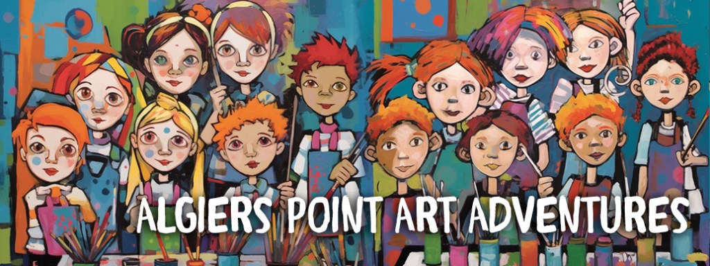 Teckning av barn som håller i konstmaterial med texten "Algiers Point Art Adventures" i botten.