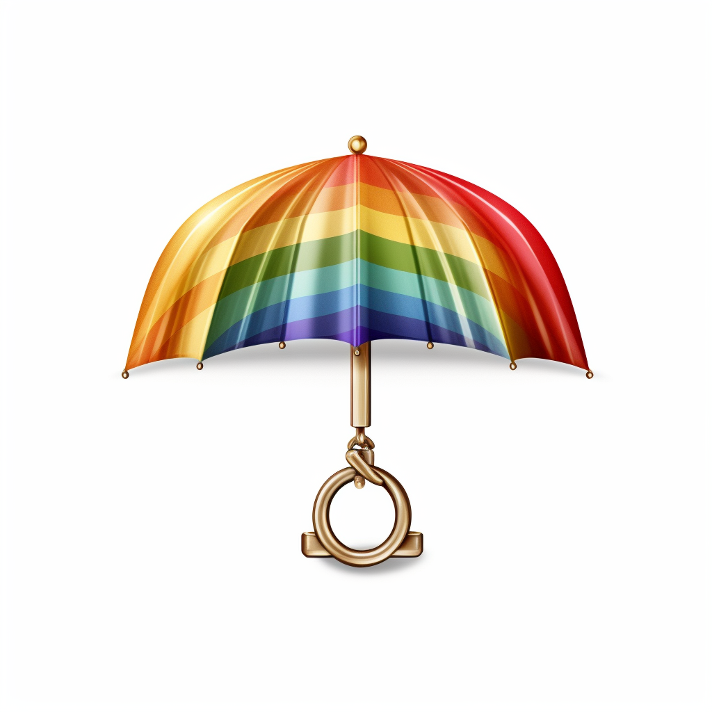 A brooch of a rainbow umbrella with a gold shaft and a gold wedding-style ring as a handle. The ring is attached to the shaft with a twist. The bottom of the ring is supported by two small platforms to each side, facing each across the ring.