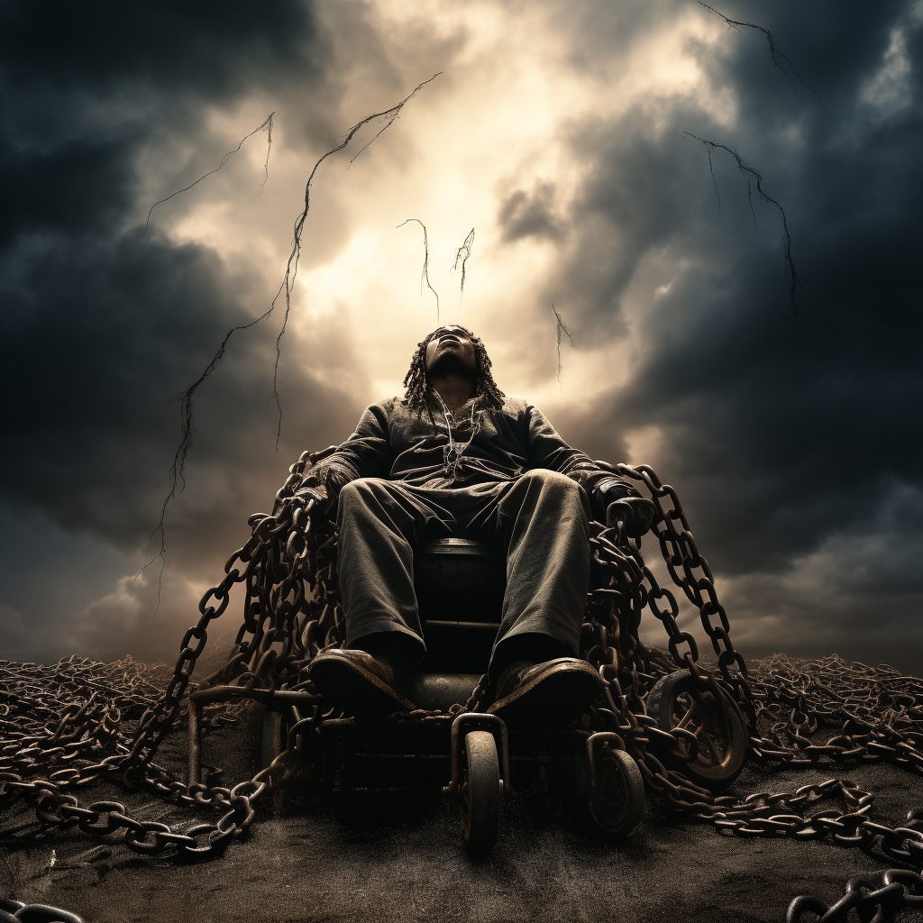 A black wheelchair user with dreadlocks is strapped to the ground by heavy chains that fall from a stormy sky