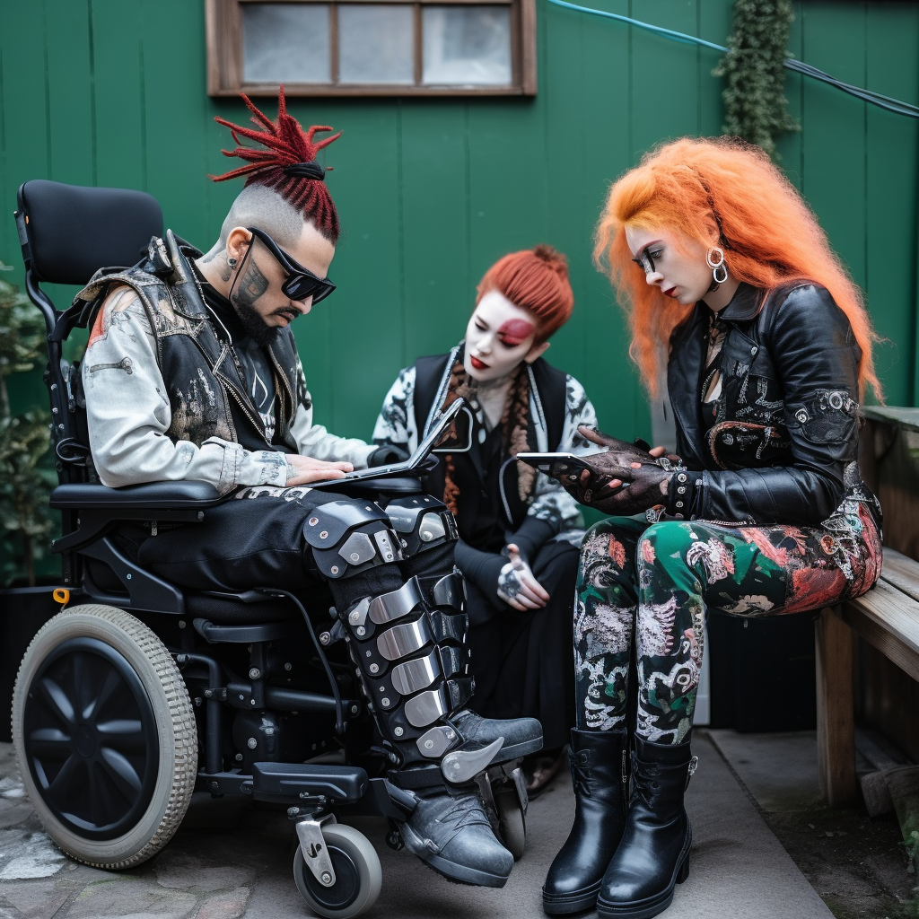 Three disabled punks sitting next to each other communicating with tablets