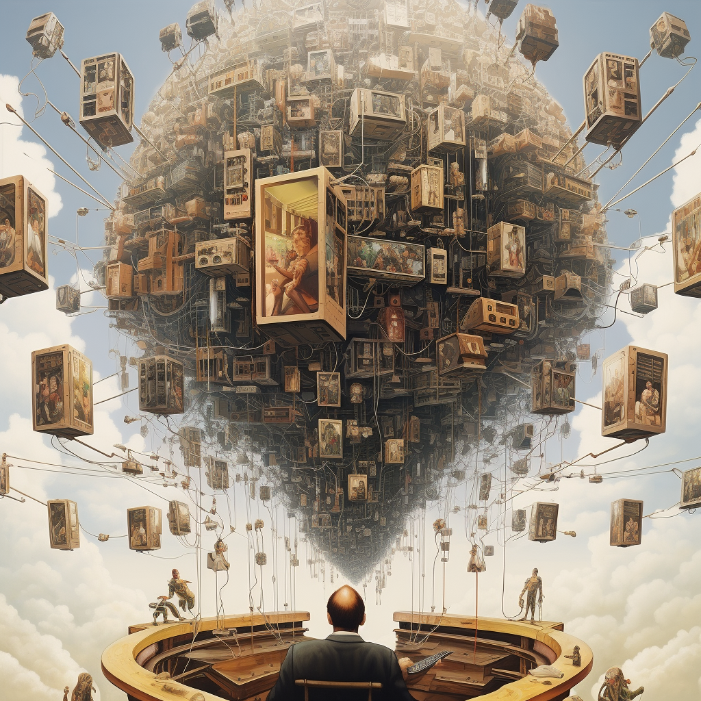 Boxes depicting various scenes are fit together into a hot air balloon shape floating over someone's head. Additional boxes are hovering in the air, waiting for their place in the balloon