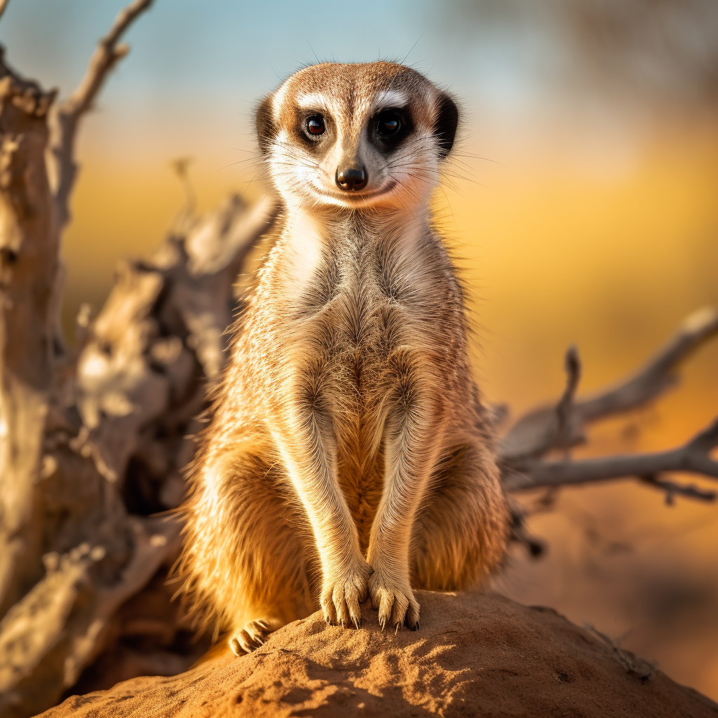 a meerkat perched on a mound of dirt looking alert