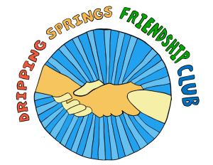 Two hands clasp in the middle of a blue circle. "Dripping Springs Friendship Club" circles the circle in rainbow letters.