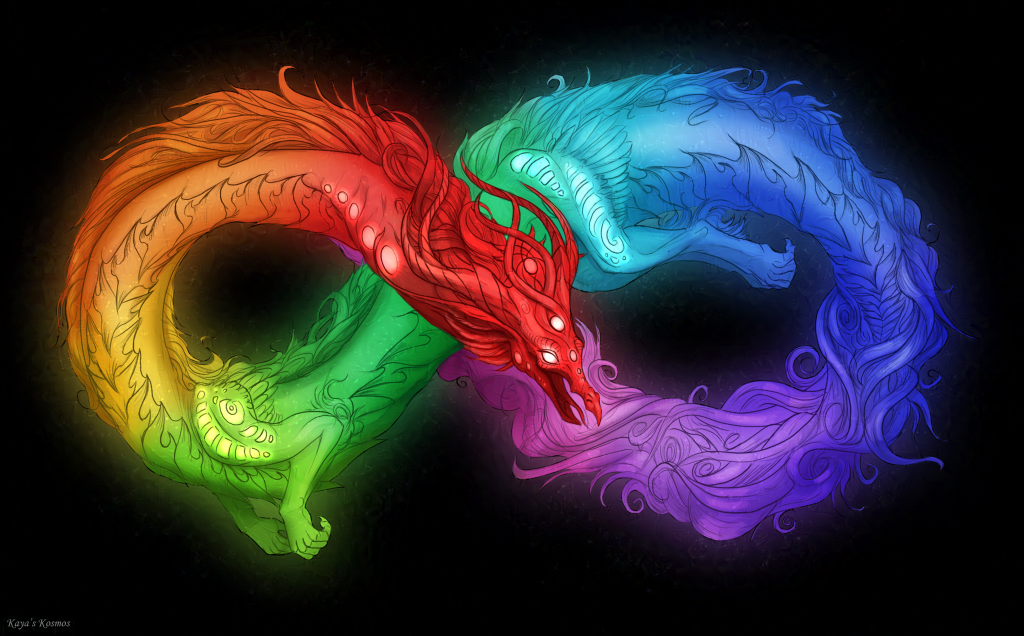 En regnbågsfärgad drake lockar sig i form av en oändlighetssymbol