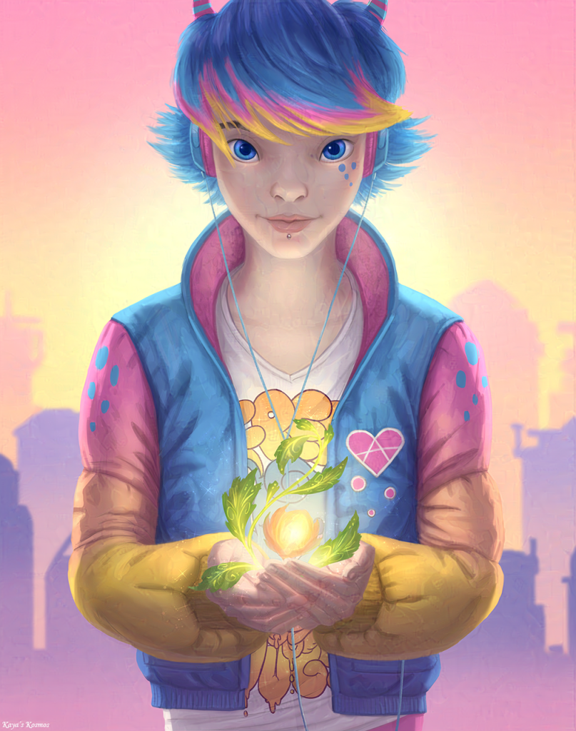 En icke-binär person med rosa, blått och gult hår och rosa, blå och gul jacka håller i en lysande gul blomma och ler vänligt mot kameran medan han bär hörlurar