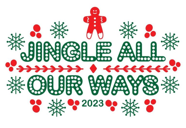 Jingle All Our Ways in green letters with circles cut to resemble Christmas tree lights. A red gingerbread person is above the letter. Red mistletoe and green snowflakes surround the letters.