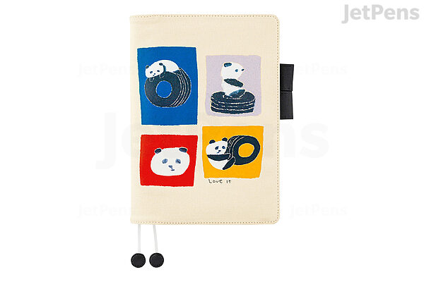  A notebook cover with an illustration of four pandas playing on tires within colored blocks