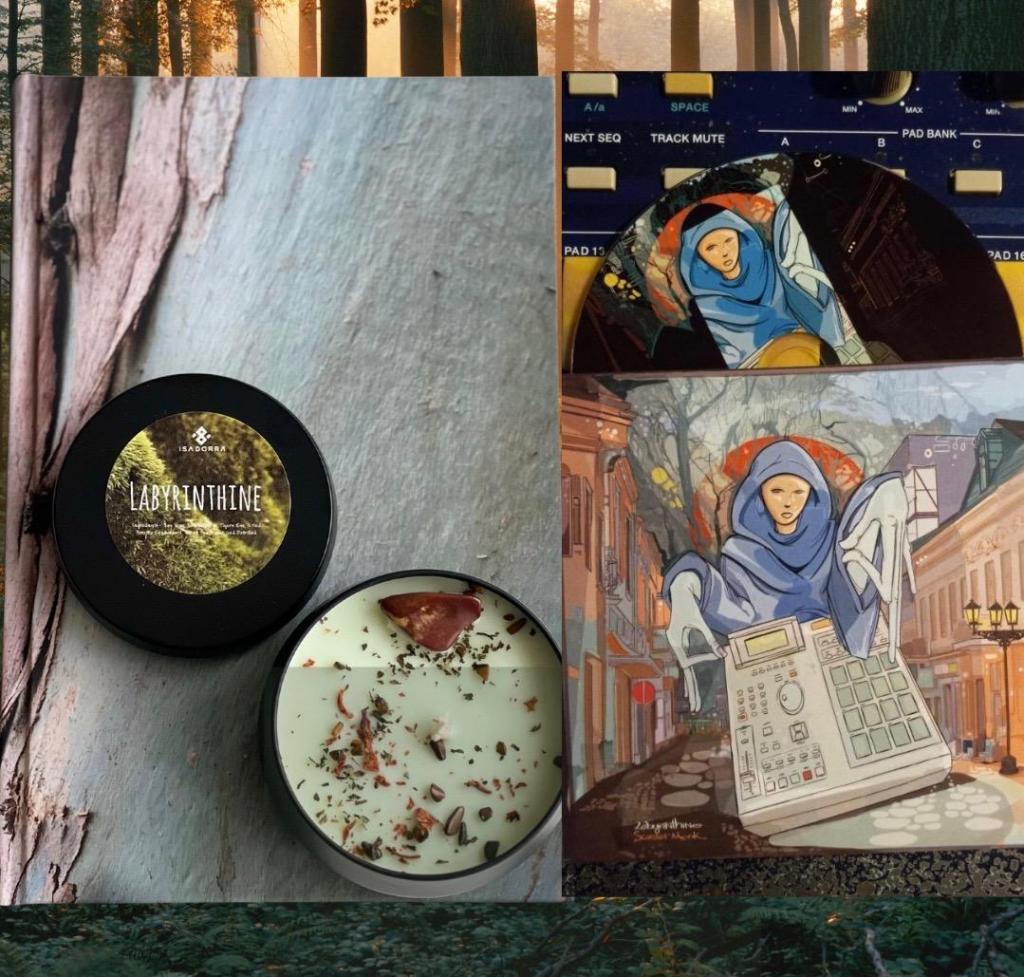 Collage of Labyrinthine candles, LP, and cover art
