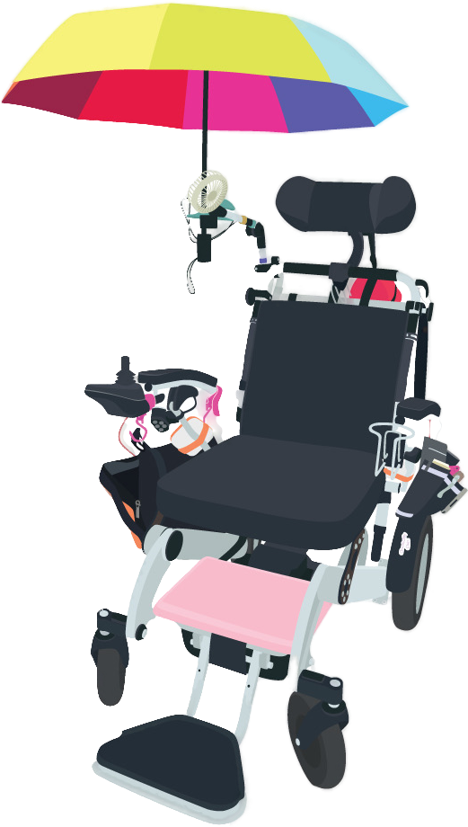 Vector drawing of power wheelchair with rainbow umbrella