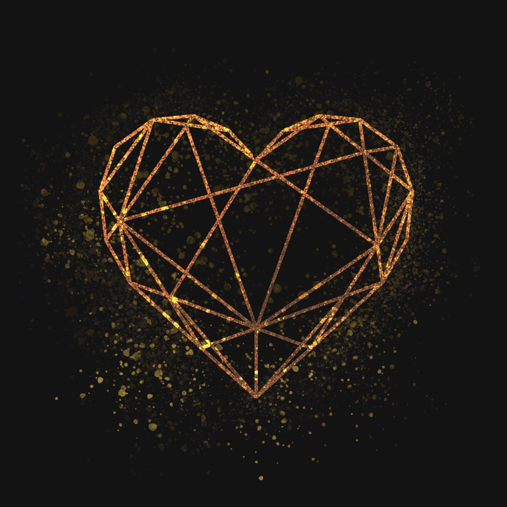 Geometric golden heart on black background