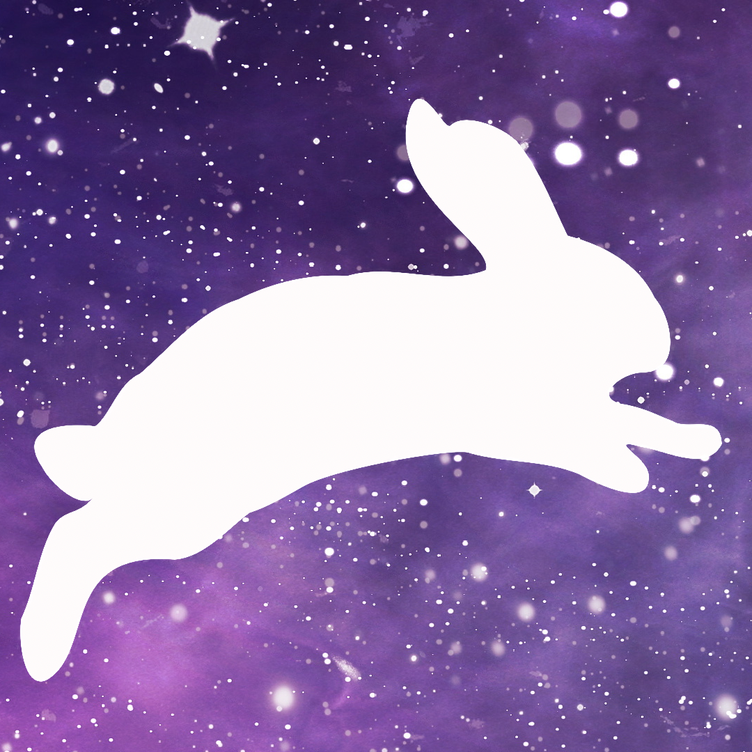 silhouette of white rabbit leaping forward across a star field