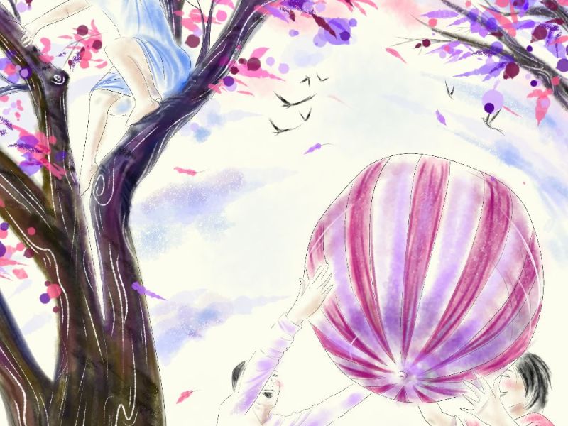 Two smiling children play with an inflatable ball while a third child climbs a tree