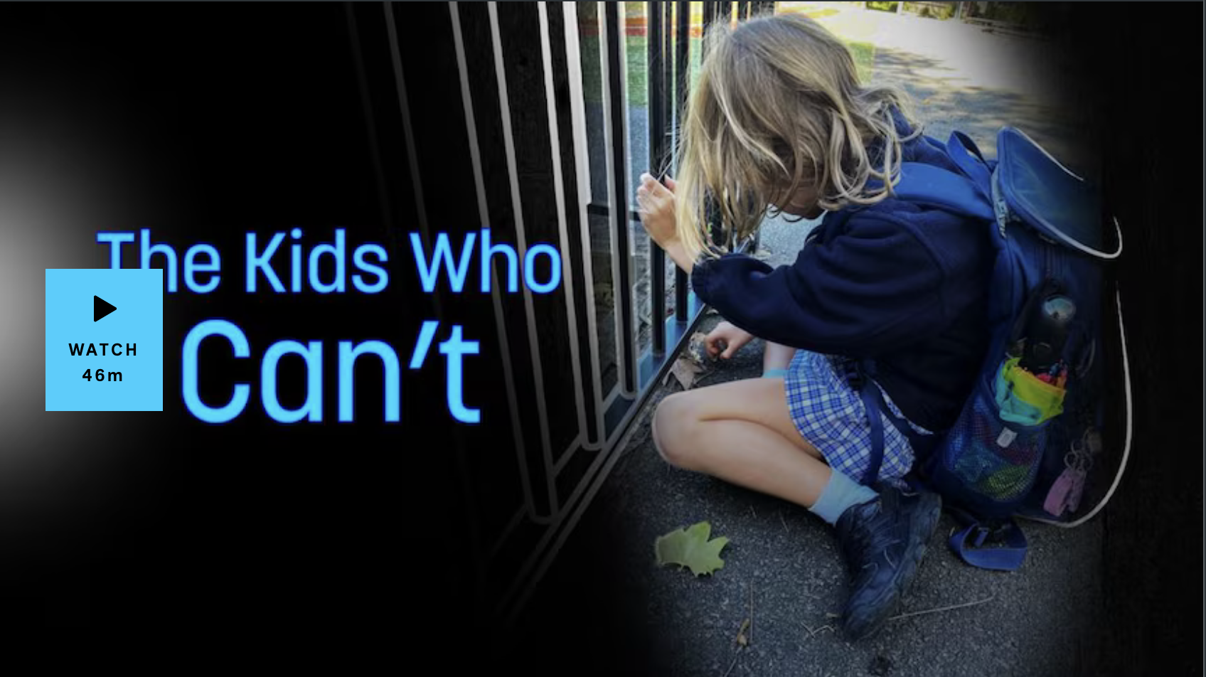A distressed kid in a school uniform kneels at a gate. Team reads: The Kids Who Can't