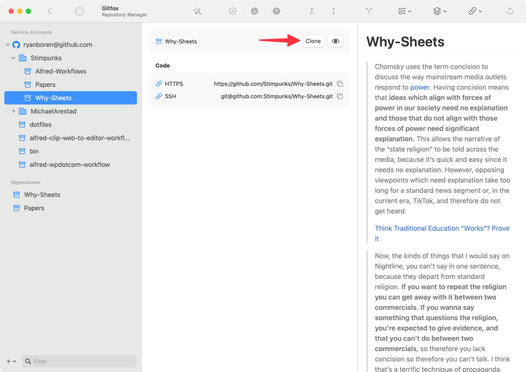 Screenshot of Gitfox showing Clone button