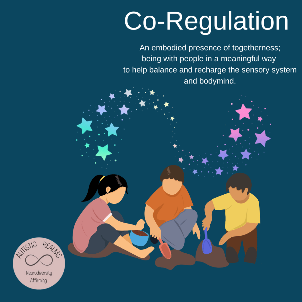 Co-Regulation
An embodied presence of togetherness; being with people in a meaningful way to help balance and recharge the sensory system
and bodymind.

Three children play together in the sand