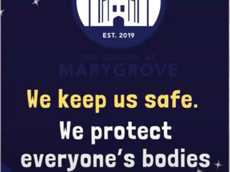 Poster of a starry background with the text: We keep us safe. We protect everyone's bodies and feelings, and we protect the planet.