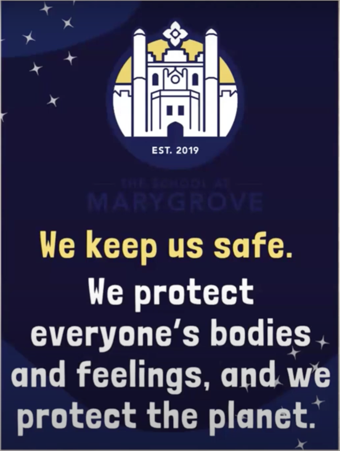 Poster of a starry background with the text: We keep us safe. We protect everyone's bodies and feelings, and we protect the planet.