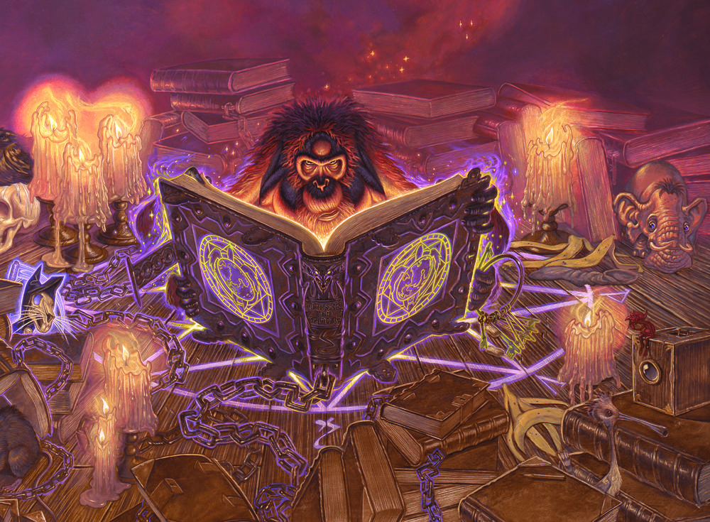 Orangutan reading a book in a pile of books illuminated by four candles arranged in a square