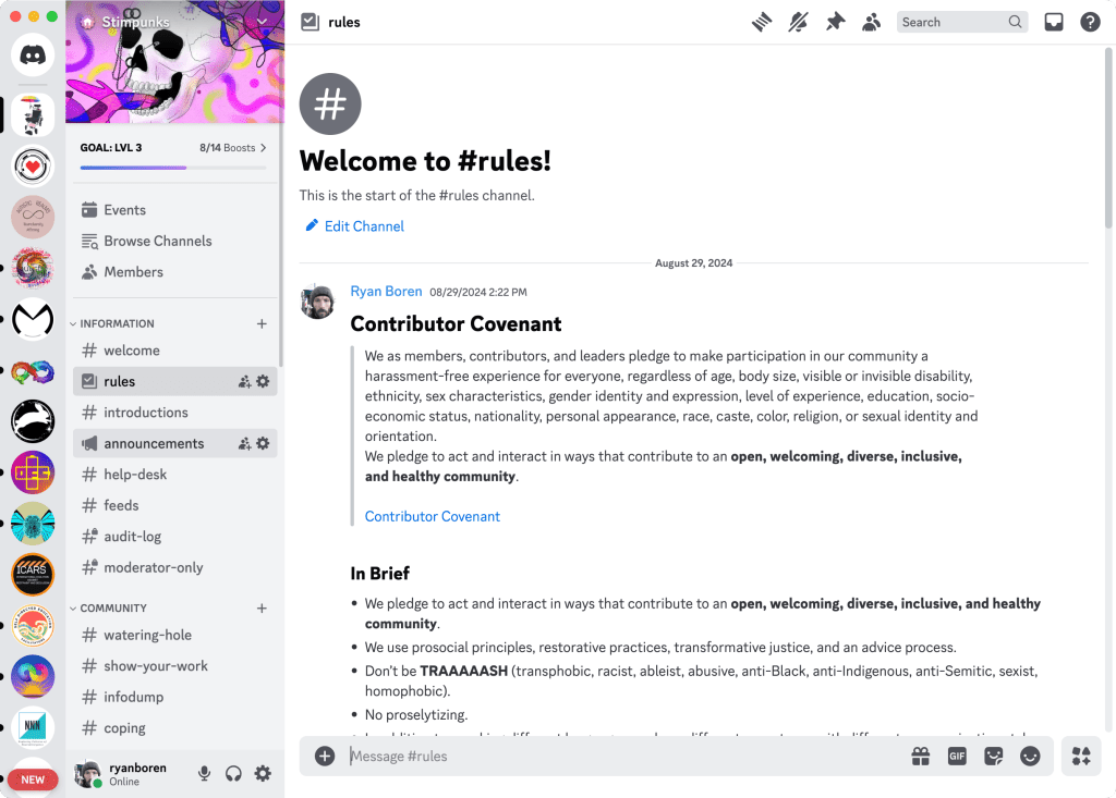 Screenshot of Discord on macOS showing the Channels in Stimpunks Space and a chat in the Rules Channel.