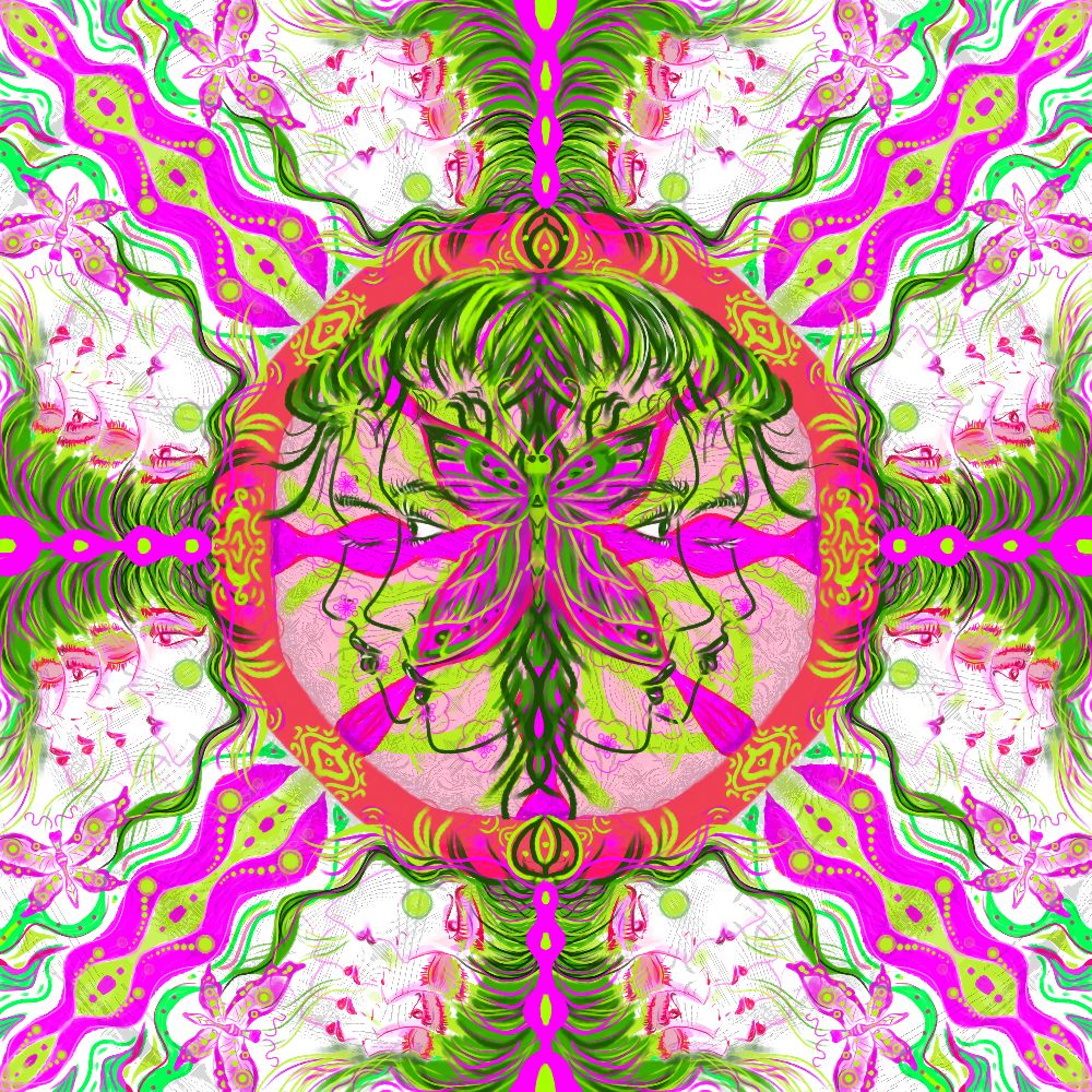 Kaleidoscopic butterflies in pink and green