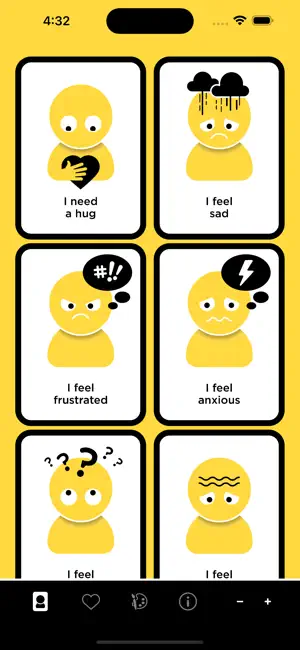 Screenshot of iPhone app showing communication cards in a grid