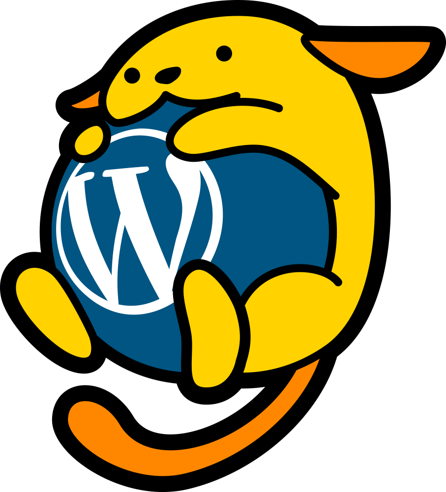 Yellow mammal-like animal with tail holding a ball with the WordPress logo on it.