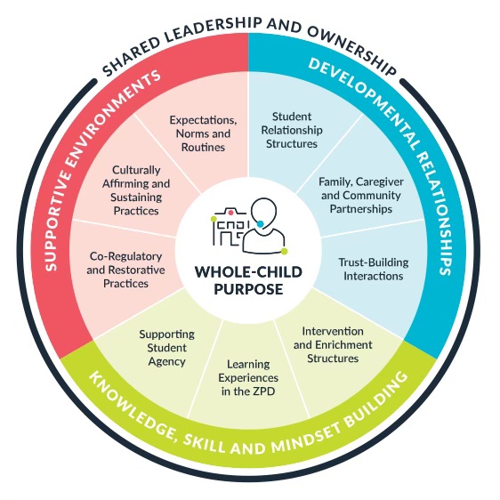 Pie chart broken into 3 outer sections each with 3 inner sections  

Outer sections:

developmental relationships
knowledge, skill and mindset building
supportive environments