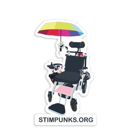 Illustration of power wheelchair with a rainbow umbrella attached to it.