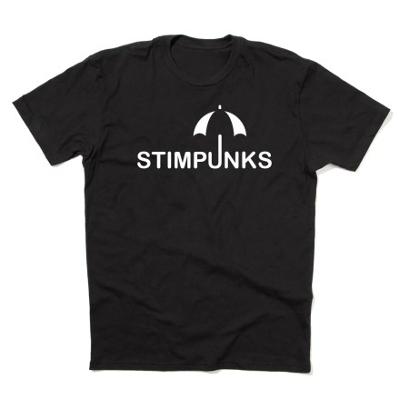 Black t-shirt with Stimpunks umbrella logo in white ink.