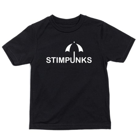 Black t-shit with Stimpunks umbrella logo in white ink