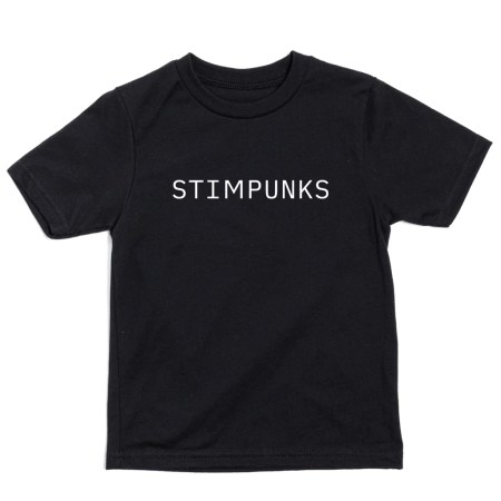 Black t-shit with Stimpunks in white ink with a duospace font