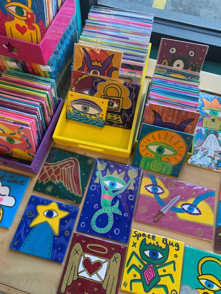 Art cards arranged on a table