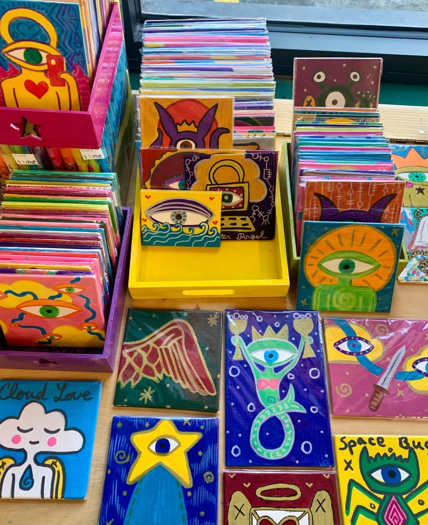 Art cards arranged on a table