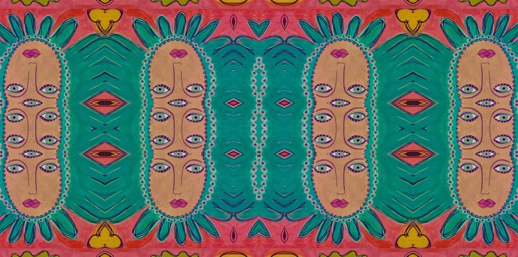 Abstract art of stacked faces with multiple eyes.