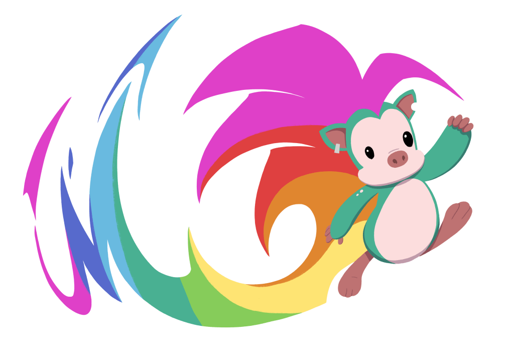 A drawing of Esmx - a porkypine (part pig, part porcupine) with a pink and green colour scheme for the body and a huge, trailing rainbow mohawk/spikes. The spikes trail off and separate, as if they are made of energy. Esmx is wearing an earring in one ear and is missing a chunk in the other ear.

Esmx is running and punching the air with one fist.