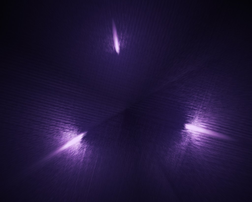 A purple shaded pyramid with three purple/white beams of light erupting from it at equidistant points.