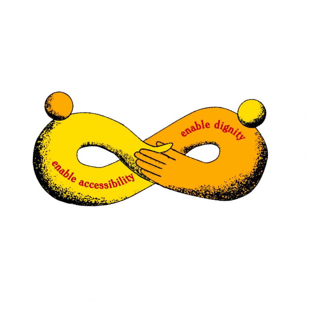 Two abstract figures hold hands with their arms forming an infinity symbol. "enable accessibility enable dignity" is printed across the enjoined arms