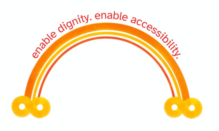 The words "enable dignity. enable accessibility." appear over a red, yellow, and gold rainbow terminating in gold infinity symbols
