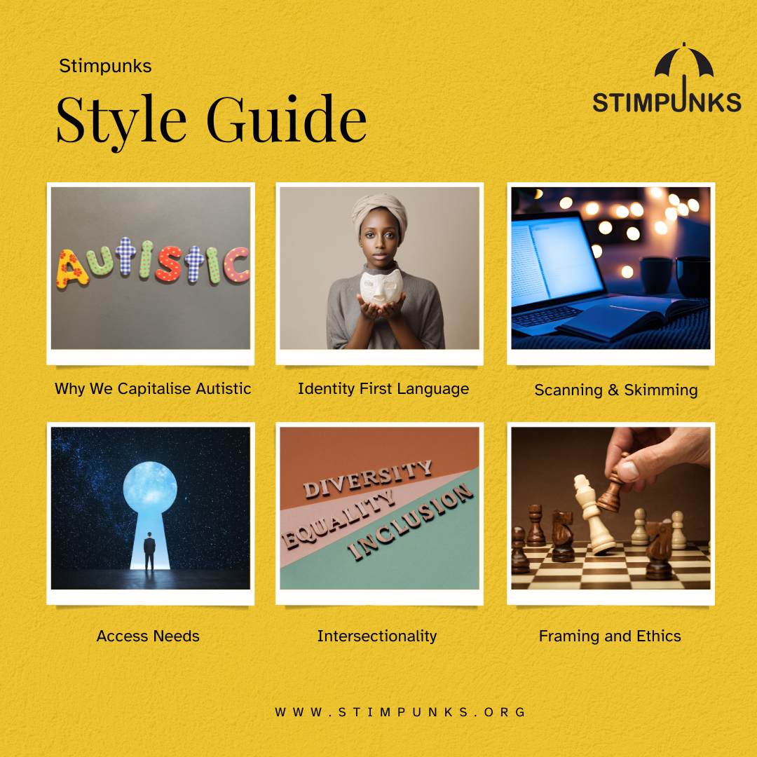 Yellow poster titled “Stimpunks Style Guide” with the Stimpunks logo in the top right. Six framed images are arranged in two rows. Top row: the word “Autistic” in colourful letters labelled “Why We Capitalise Autistic,” a person holding a white mask labelled “Identity First Language,” and a laptop and notebook labelled “Scanning & Skimming.” Bottom row: a person standing before a glowing keyhole labelled “Access Needs,” a sign reading “Diversity, Equality, Inclusion” labelled “Intersectionality,” and a chess piece being moved labelled “Framing and Ethics.” At the bottom is the website “www.stimpunks.org.”