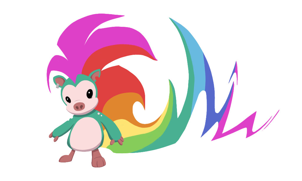 Illustration of a standing pig with pink and green skin and a spiky rainbow mane.