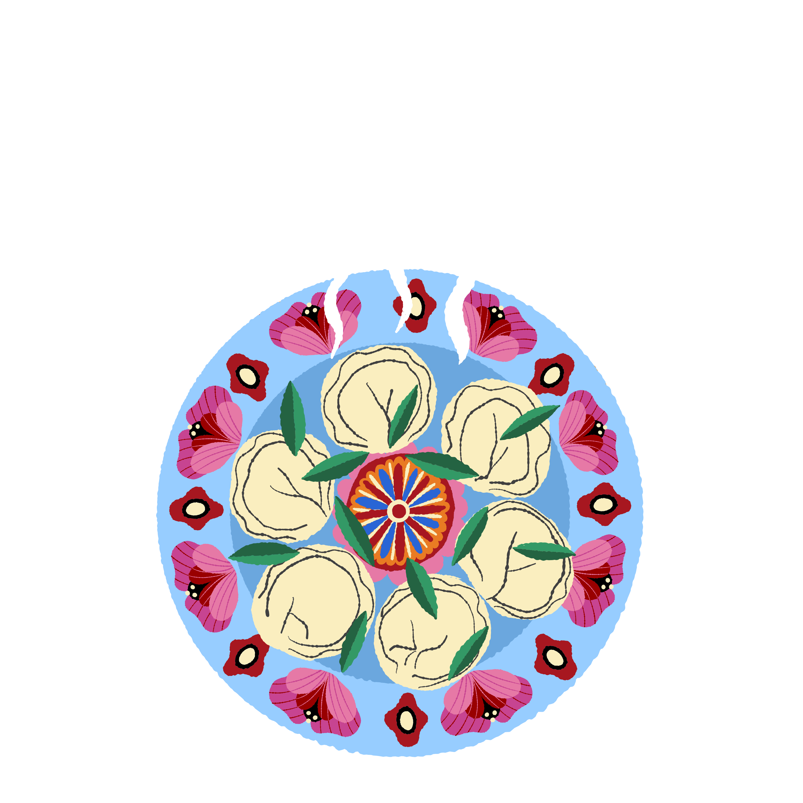 A decorative illustration of a plate of pelmeni (Russian dumplings) viewed from above. Seven cream-colored dumplings are arranged in a circle around a central ornamental flower motif in blue, orange, and red. Green herb leaves are tucked between the dumplings. The light blue plate is bordered with a ring of stylized pink and red folk-art flowers. Three white wispy steam lines rise from the top of the plate, suggesting the food is hot. The illustration uses a folk art style with a black background.