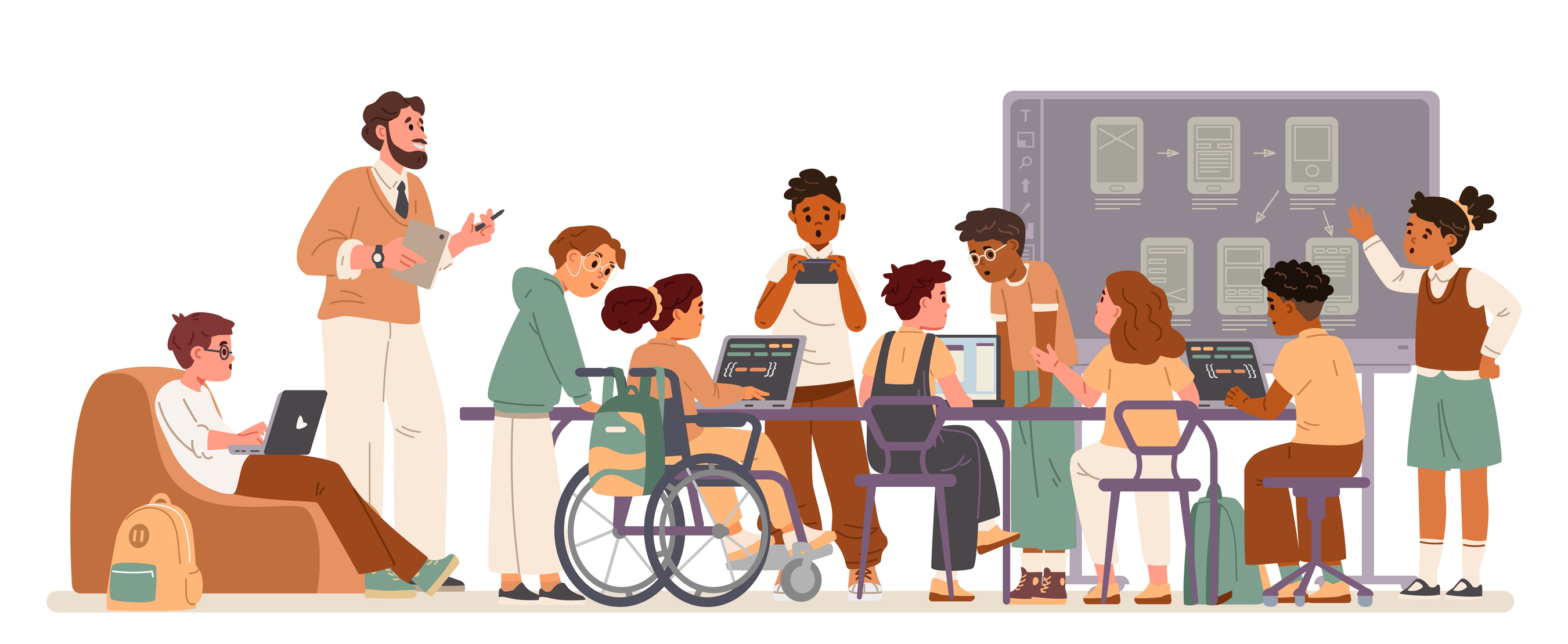 Diverse school children and a teaher working together on educational project at desk with laptops flat vector illustration. stock illustration