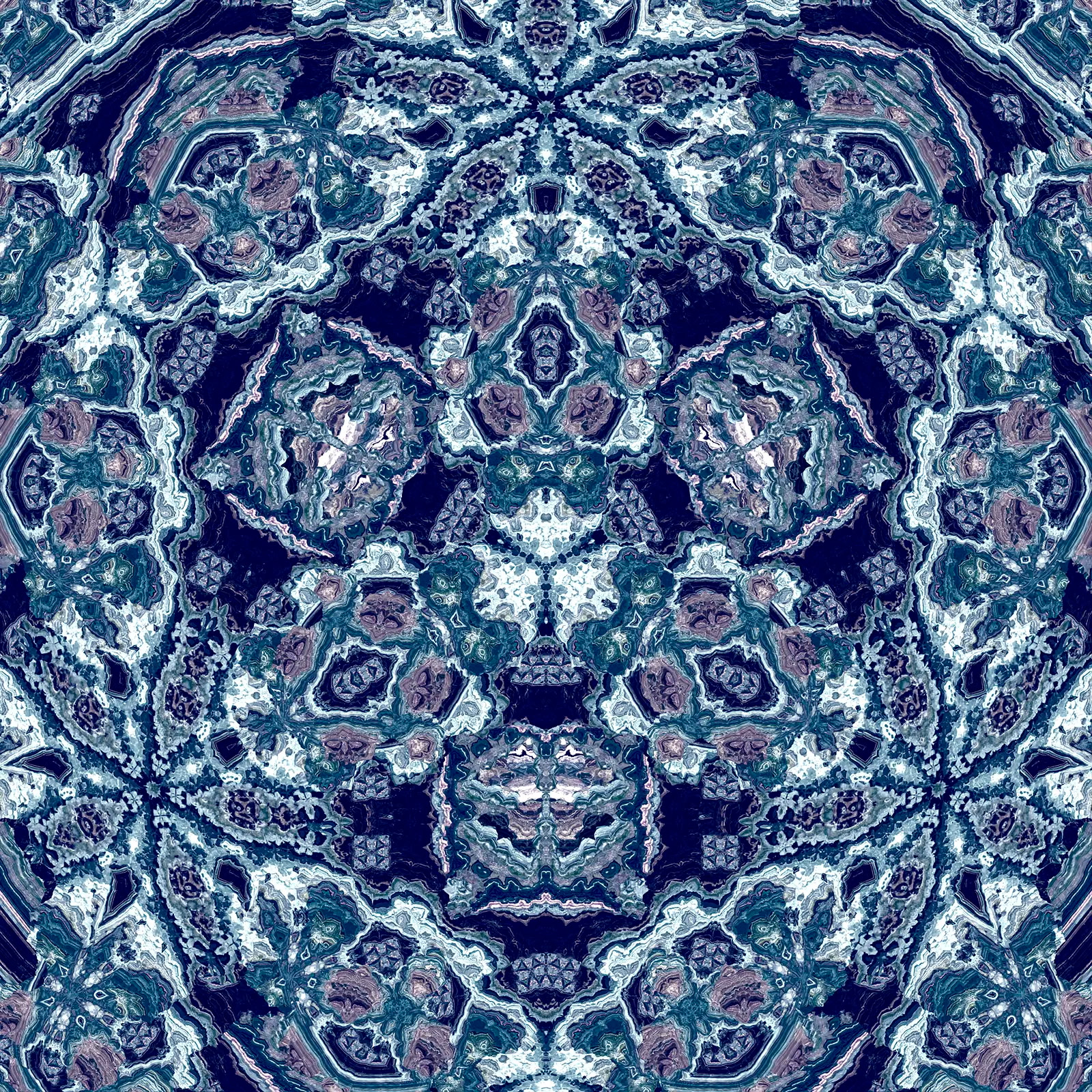 A blue green and purpleish gray geometric fractal, with some five sided and three sided symmetric aspects. From a distance it can appear as a friendly face of a cartoon puppy or panda bear.