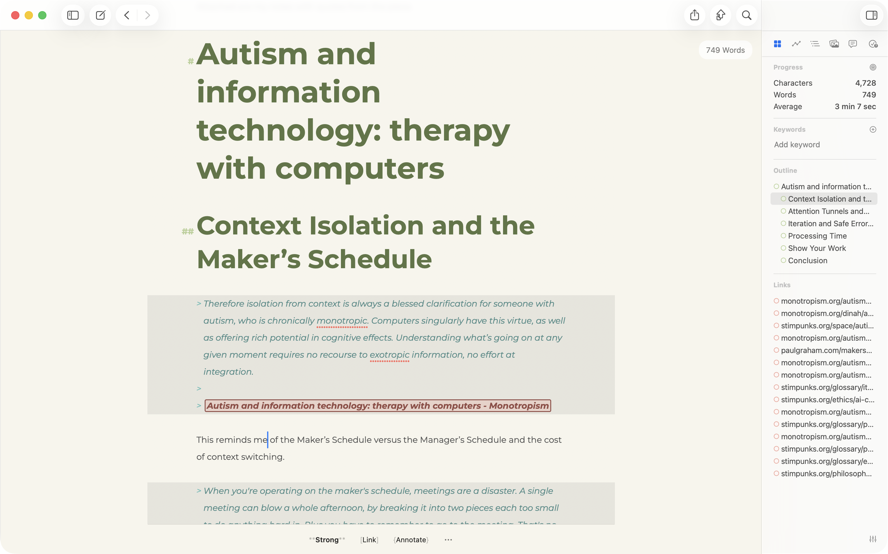 Screenshot of the Ulysses text editor showing an early draft of this page